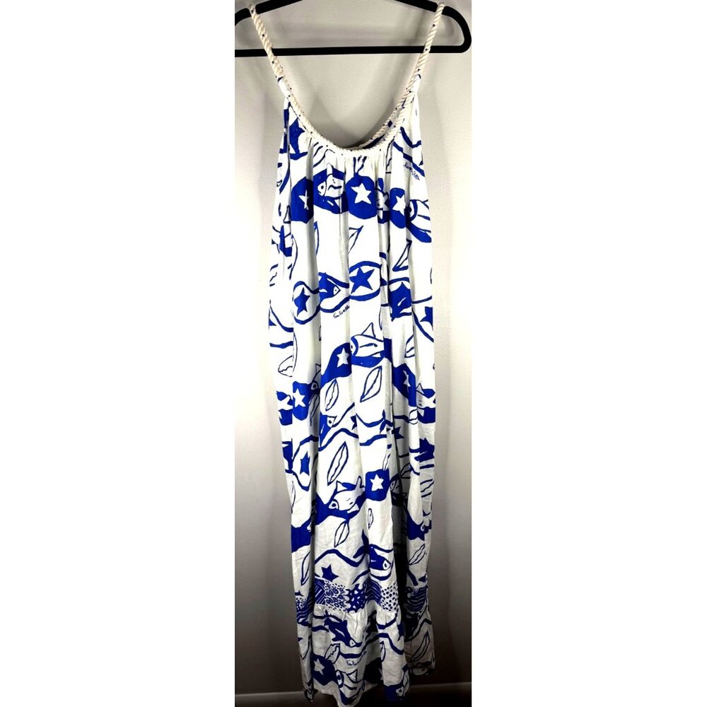Farm Rio X Alberto Pitta Waves Sleeveless Dress Rope Scoopneck Size M Blue White - Picture 7 of 8